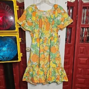 NWT Peyton & Parker Orange Yellow GreenCotton Tropical Fruit Square Neck Dress S